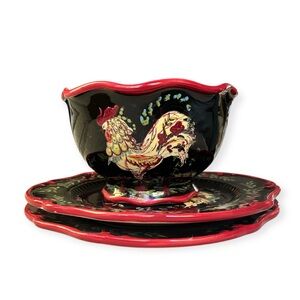 RARE April Cornell Black Provence Rooster Floral Plates and Bowl, Set of 3